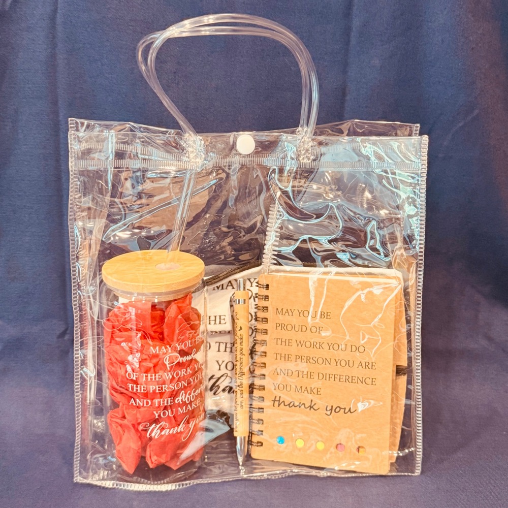 Teacher/Employee Gift Set Tumbler Notebook Pen Pouch Clear Tote